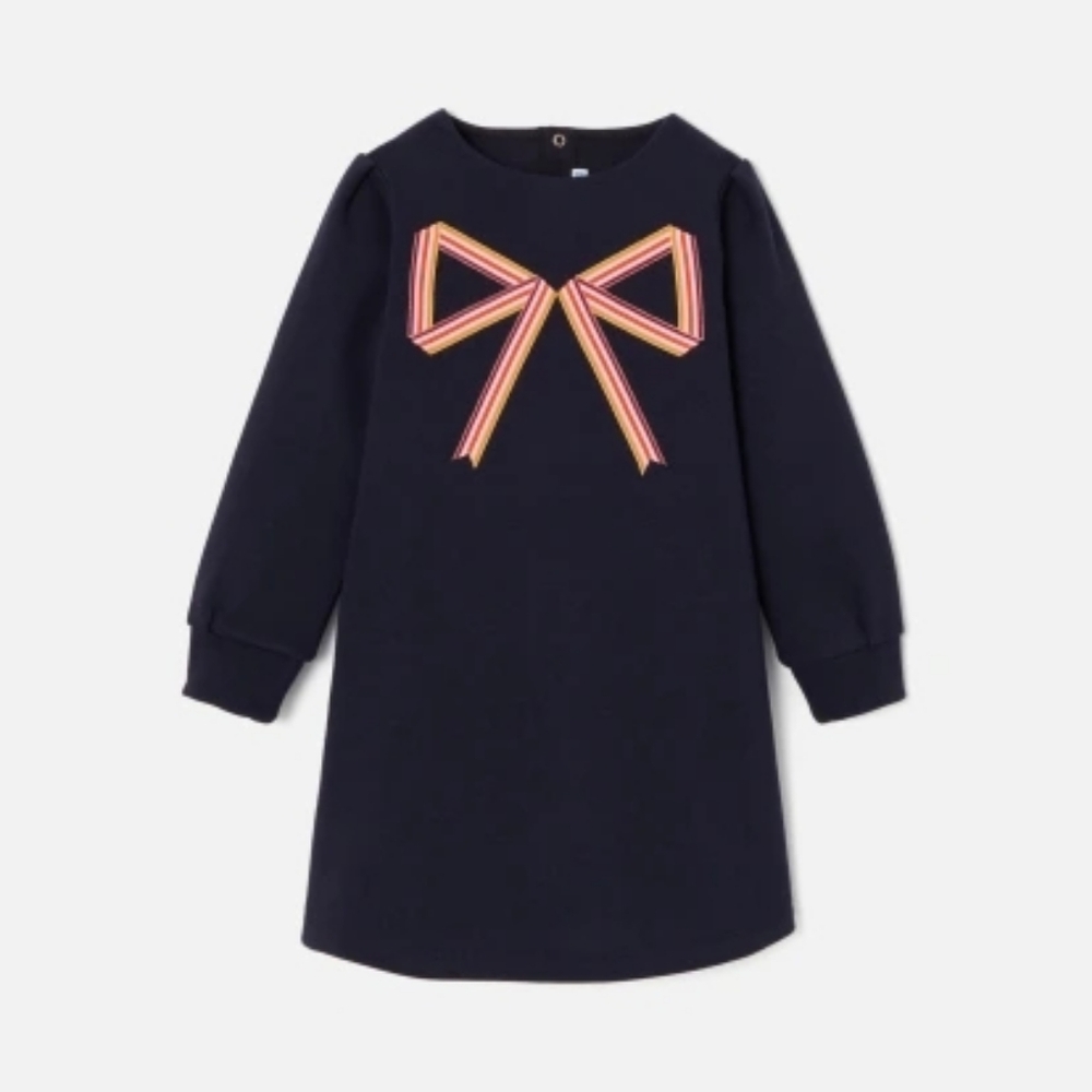 Jacadi Dark Blue Long Sleeve Dress with Striped Bow